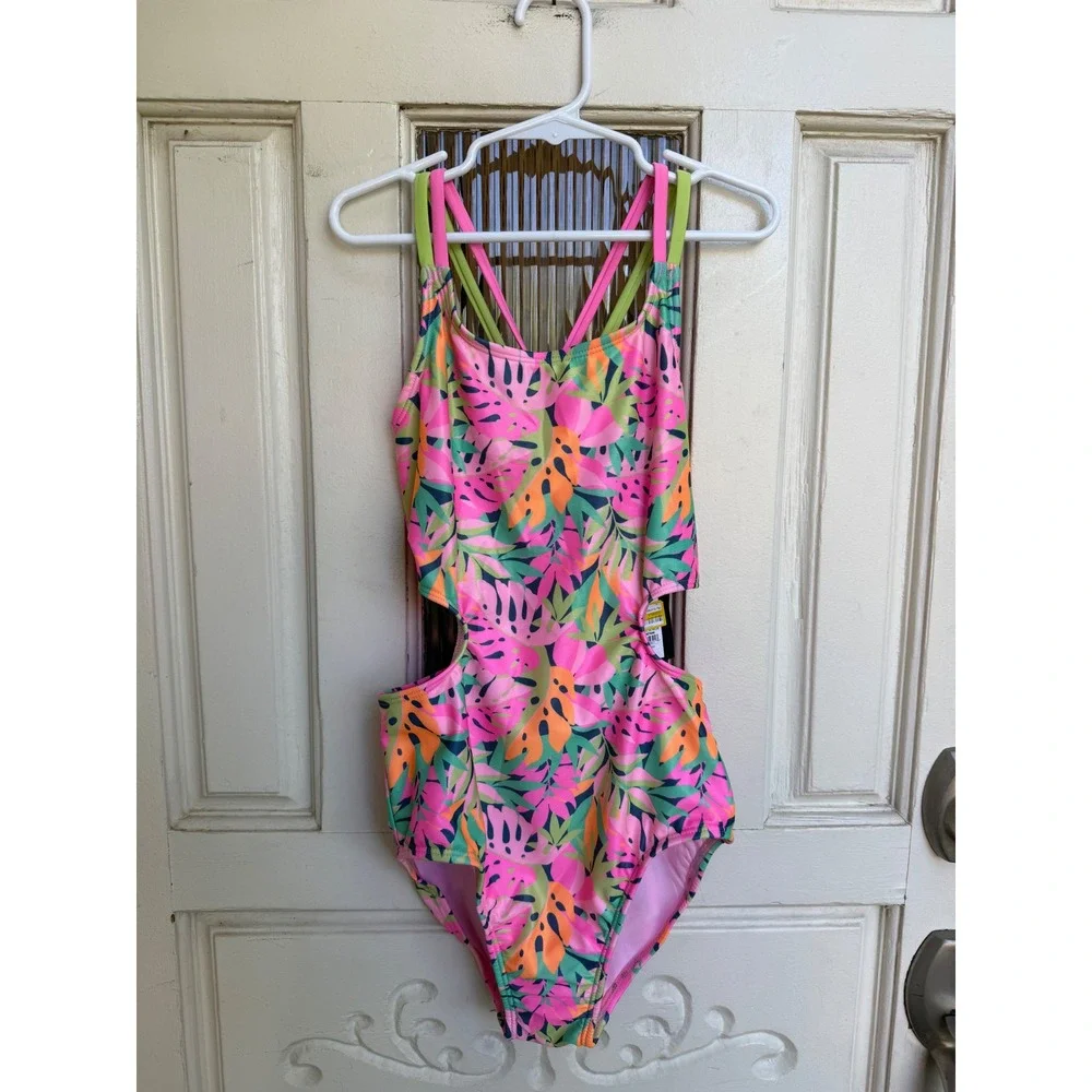 Art Class Girls Tropical Monstera Cut-Out One Piece‎ Swimsuit Pink Size 10/12